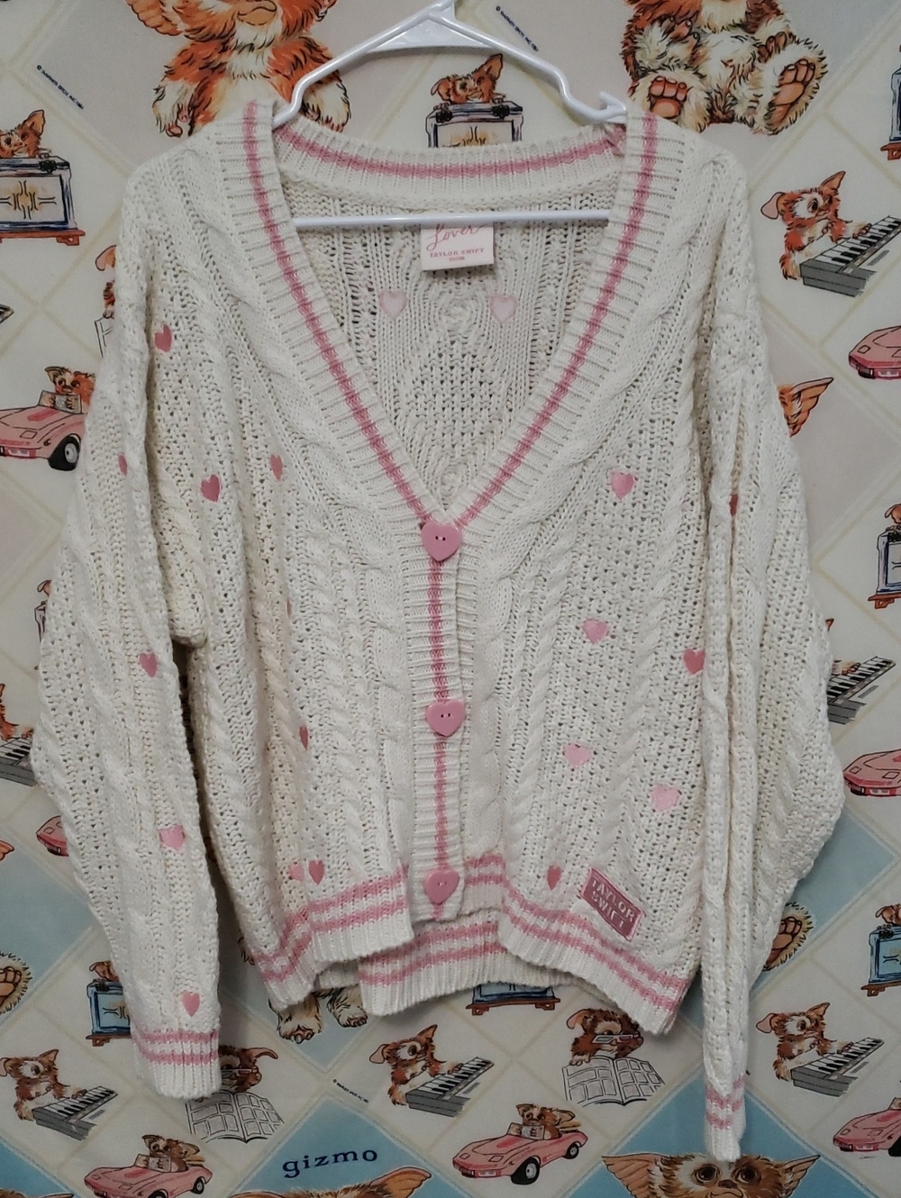 Taylor Swift Lover Cream Cable Knit Cardigan with Pink Heart Trim